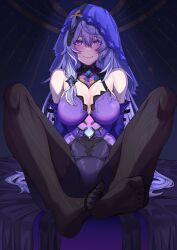 bare_shoulders black_pantyhose black_swan_(honkai:_star_rail) breasts cleavage elbow_gloves feet female general gloves honkai:_star_rail honkai_(series) hoyoverse knees_apart knees_up legs long_hair looking_at_viewer medium_breasts no_shoes pantyhose purple_eyes purple_hair ryuichi sitting smile soles solo toenails toes together veil very_long_hair