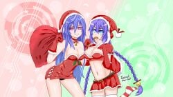 2girls artist_name bad_id bad_pixiv_id bag bell blue_eyes blue_hair braid breasts christmas cleavage collar collarbone commentary expired-nep-bull expirednepbull hat highres iris_heart kami_jigen_game_neptune_v large_breasts midriff multiple_girls navel neck_bell neptune_(neptunia) neptunia_(series) plutia purple_hair purple_heart_(neptunia) red_eyes santa_costume santa_hat stomach symbol-shaped_pupils twin_braids