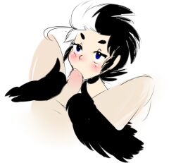 animal_humanoid avian avian_humanoid black_body black_feathers black_hair blue_eyes blush duo feathers female hair human humanoid low_res male male/female mammal sucking_penis thumbnail white_hair yeagar