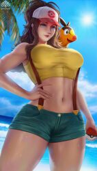 1girls belly cosplay female fully_clothed hat highres hilda_(pokemon) large_breasts looking_at_viewer minnhsg misty_(pokemon)_(cosplay) nintendo pokémon_(species) pokemon pokemon_bw pokemon_rgby sweat tepig viewed_from_below