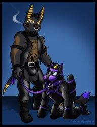 2018 abs animal_mask anthro armband belly_tattoo black_hair blue_background blue_eyes bondage_gear bondage_gloves boots bracelet bulge canid canine canis chaps chastity_cage chastity_device chest_tattoo cigar clothed clothing cobra_the_wolfgon collar dominant dragon duo eddyboy1805 facial_hair facial_piercing footwear gimp_suit goatee grin hair handwear harness hybrid jackal jewelry kneeling leash leather leather_boots leather_clothing leather_footwear leather_harness looking_at_viewer male male/male mammal manly mask metal_chastity_cage mythological_creature mythological_scalie mythology nose_piercing nose_ring open_clothing open_topwear open_vest pecs piercing pup_mask ring_piercing scalie shoes simple_background smile smoke smoking smoking_cigar spiked_armband spiked_bracelet spiked_collar spikes standing submissive tattoo topwear vest vir-no-vigoratus wings_tied wolf yellow_eyes