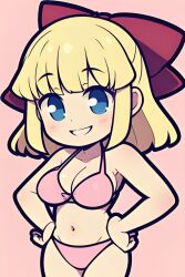 ai_generated bangs bikini blonde_hair blue_eyes blush bow_in_hair chibi earthbound earthbound_(series) looking_at_viewer mother_(series) mother_2 nintendo paula_jones paula_polestar pink_background pink_bikini pixai red_bow smile