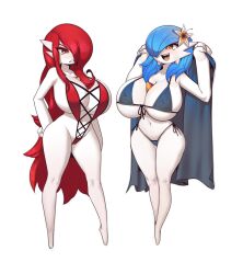 2girls alternate_breast_size alternate_hair_color alternate_hairstyle angry anthro bikini blue_hair breast_envy breasts female gardevoir generation_3_pokemon huge_breasts long_hair naughty_face nintendo one-piece_swimsuit original original_character plantpenetrator pokemon pokemon_(species) red_hair swimsuit violet_(polyvoir) white_body