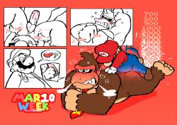 2boys anal anal_sex angry anthro ape balls big_sub_small_top blue_overalls blush brown_fur brown_hair clothing doggy_style donkey_kong donkey_kong_(series) embarrassed erection facial_hair fur furry furry_male gay gay_sex goatene gorilla hat heart human human_on_anthro human_penetrating human_penetrating_anthro interspecies larger_male lying_on_stomach male male/male mammal mario mario_(series) mature mature_male moustache naughtybassard necktie nintendo open_mouth overalls penis penis_in_anus primate red_background red_hat red_necktie red_shirt sex shirt size_difference small_dom_big_sub smaller_male super_mario_bros. testicles torquewintress white_gloves