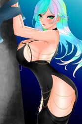 1girls big_breasts breasts busty curvy dress female female_only hazel_(oc)_(yojimbra) jewelry multicolored_hair original rainbow_hair side_view sideboob solo thick_thighs wide_hips yojimbra