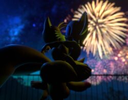 3d 3d_(artwork) arms_on_shoulders erect_penis fireworks grabbing_ass jorknee kissing leg_lock lifting new_year night rouge_the_bat sonic_(series) sonic_the_hedgehog_(series) tails tails_the_fox