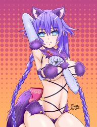 alternate_costume animal_ear_fluff animal_ears arched_back arm_between_breasts arm_up armpits back_bow bare_legs barefoot between_breasts blue_eyes bow braid breasts breasts_apart choujigen_game_neptune claws closed_mouth commentary_request cosplay cross-laced_clothes crossover elbow_gloves expirednepbull fang_out fate/grand_order fate_(series) female fur-trimmed_gloves fur_collar fur_trim gloves gold_trim groin hair_ornament half-closed_eyes halftone halftone_background hand_up highres kemonomimi_mode large_bow large_breasts long_hair looking_at_viewer mash_kyrielight mash_kyrielight_(dangerous_beast) mash_kyrielight_(dangerous_beast)_(cosplay) navel neptune_(neptunia) neptunia_(series) o-ring oerba_yun_fang open_mouth paw_pose pink_bow power_symbol power_symbol-shaped_pupils purple_fur purple_gloves purple_hair purple_heart_(neptunia) purple_tail revealing_clothes sideboob signature smile solo split_mouth symbol-shaped_pupils tail twin_braids two-tone_background underboob very_long_hair wolf_ears wolf_girl wolf_tail