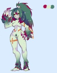 anthro avian big_hands breasts female flower_accessory genitals green_body green_hair green_skin hair humanoid orange_eyes pubes pussy solo tattoo yeagar