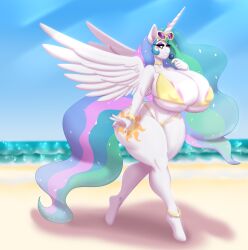 alicorn anthro areola_slip big_areola big_nipples blue_hair blues64 breasts breasts_bigger_than_head bubble_butt equid equine friendship_is_magic green_hair hasbro huge_areolae huge_breasts huge_nipples long_hair mammal mr.pink multicolored_hair my_little_pony nipple_slip pink_hair princess_celestia_(mlp) sunglasses sunglasses_on_head swimsuit thick_thighs wardrobe_malfunction