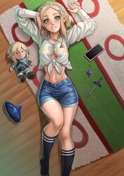 1girls blonde_hair breasts button_down_shirt casual casual_clothes character_doll denim_shorts green_eyes hairclip kneehighs laying_down link looking_at_viewer master_sword medium_breasts midriff navel necklace nicomamu nintendo ocarina phone phone_charm princess_zelda rug shirt short_hair shorts tears_of_the_kingdom the_legend_of_zelda tied_shirt toy toy_sword triforce triforce_necklace white_shirt wooden_floor zelda_(tears_of_the_kingdom)