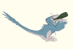 2024 3:2 alcohol ambiguous_gender animal_genitalia beverage blue_body blue_feathers bottle claws cloaca container digital_media_(artwork) dinosaur dromaeosaurid drunk feathered_dinosaur feathers feral feral_dinosaur genitals holding_beverage holding_object new_year_2024 nude open_mouth reptile scalie simple_background sitting solo substance_intoxication tail teeth theropod velociraptor zw3