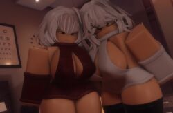 2girls 3d ass bedroom big_breasts breasts cleavage clothed duo duo_female duo_focus female female_only glasses hairclip indoors looking_at_viewer niki_okarin roblox roblox_avatar robloxian smug smug_face standing thick_thighs thighhighs thighs virgin_killer_sweater white_hair