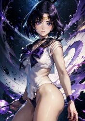 ai_generated ai_hands bad_anatomy bishoujo_senshi_sailor_moon black_hair breasts clothing covered_breasts female female_only hotaru_tomoe lachimoonie looking_at_viewer mature_female navel pale_skin panties pointy_chin purple_eyes sailor_saturn sailor_uniform short_hair skinny skinny_girl small_breasts solo stable_diffusion