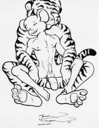 00s 2002 2boys anthro bigger_male black_and_white feet felid feline frank_gembeck furry gay interspecies male male/male male_focus male_only monochrome mouse nipples pawpads paws penis rodent size_difference smaller_male testicles tiger traditional_art traditional_media traditional_media_(artwork) yaoi