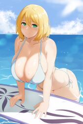 absurdres bikini blonde_hair blue_eyes blue_sky breasts cleavage cloud cloudy_sky commentary commission english_commentary female highres holding holding_surfboard medium_hair ocean original setawar_(coco) shadow sky smile solo sunlight surfboard swimsuit water white_bikini