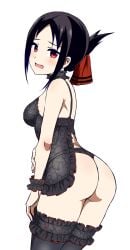 1girls ass ass_focus babydoll big_ass black_bra black_hair black_legwear black_panties black_thighhighs blush box_wonderland bra breasts clothing embarrassed female kaguya-sama_wa_kokurasetai_~tensai-tachi_no_renai_zunousen~ legs_together matching_underwear open_mouth panties shinomiya_kaguya short_hair thighhighs