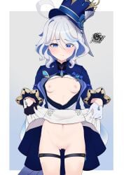 0haribo0 1girls blue_eyes blue_hair breasts censored female furina_(genshin_impact) genshin_impact hat human light-skinned_female light_skin medium_hair multicolored_hair navel nipples no_panties pussy skirt skirt_lift small_breasts solo solo_female standing white_hair