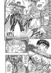 1boy 1boy1girl angry angry_face berserk biceps bigger_male black_hair blonde_hair blood brefoot canon clothed_female dialogue elf excited farnese female guts_(berserk) manga miura_kentarou monochrome pale-skinned_female pale_skin partially_nude pecs puck_(berserk) scars screenshot short_hair smaller_female text tied_feet tied_hands whip whipping