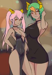 2024 2girls adjusting_hair alternate_costume armpits bare_thighs beauty_mark breasts choker covered_navel dark-skinned_female dark_skin dress female female_only fire_emblem fire_emblem_heroes green_hair grin horns in2naps inner_sideboob laegjarn_(fire_emblem) laevatein_(fire_emblem) long_hair looking_at_viewer medium_breasts mole multicolored_hair multiple_girls new_year nintendo pelvic_curtain pink_hair red_eyes revealing_clothes short_hair siblings side_slit sideboob sisters small_breasts smile textless_version thighs twintails very_long_hair