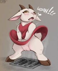 anthro blush bottomless bovid caprine clothed clothing cloven_hooves dress emanata female fur furry furry_only goat hi_res hooves horizontal_pupils horn mammal open_mouth pupils pussy q-blackbun solo surprise text the_seven_year_itch vent wardrobe_malfunction white_body white_fur wind_lift