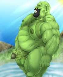 bald balls beard big_balls big_penis boner chubby erection facial_hair green_body green_skin male male_only masturbation musclegut nude orc orc_male overweight penis solo solo_male sweat sweating taighet_28