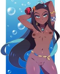 1girls areolae arms_behind_head arms_up blue_eyes blue_hair breasts dark-skinned_female dark_blue_hair female nessa_(pokemon) nintendo nipples nude pokeball pokemon pokemon_ss pussy scaitblue small_breasts solo solo_female