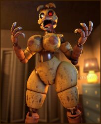 2022 3d_(artwork) animatronic anthro avian big_breasts bird border breasts chicken digital_media_(artwork) female fingers five_nights_at_freddy's five_nights_at_freddy's_4 galliform gallus_(genus) genitals glowing glowing_eyes hi_res inside lamp long_tongue looking_back machine metallic_body nightmare_chica nightmare_chica_(fnaf) nipples orange_body orange_border phasianid pussy red_eyes robot scottgames sharp_teeth solo teeth tongue white_eyes wide_hips yellow_body zentaisfm