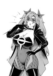 1girl absurdres black_jacket black_leotard breasts choker cleavage commentary covered_navel cowboy_shot english_commentary eye_mask fishnet_pantyhose fishnets greyscale hand_on_own_hip highres jacket leotard long_hair looking_at_viewer mask mole mole_on_breast mole_under_eye monochrome nicole_demara official_alternate_costume open_mouth pantyhose signature simple_background smile solo white_background zenless_zone_zero
