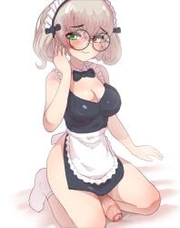 1futa apron bare_arms big_breasts big_penis black_bow black_dress blonde_hair blush bottomless bow breasts cleavage clothed clothing dress erection foreskin futa_only futanari glasses green_eyes heterochromia highres huge_cock human intact kneeling large_breasts light-skinned_futanari light_brown_hair light_skin looking_at_viewer maid maid_headdress maplestory mostly_clothed ohthicc partially_retracted_foreskin penis red_eyes round_eyewear short_hair sitting smile socks solo uncensored uncut veiny_penis waist_apron white_apron white_socks