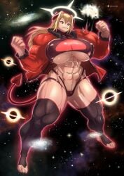 abs black_and_white flexing giantess muscular_arms muscular_calves muscular_female muscular_thighs nipple_bulge pectoriah sophia_(pectoriah) space succubus