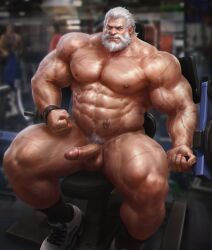 1boy 6suan balls bara boner erection facial_hair gay male male_only muscles muscular overwatch penis reinhardt solo solo_male spread_legs sweaty