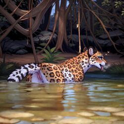 1:1 ai_generated belly blue_eyes colored detailed detailed_background felid female feral fur genitals hi_res jaguar lungfish1223 mammal pantherine pussy river solo spots spotted_body spotted_fur standing_in_water tongue tongue_out white_belly zoophilia