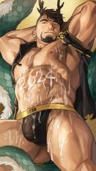 1boy 2024 abs armpits atsushi_kenzaki bara bare_pectorals black_hair black_male_underwear bulge closed_mouth cum cum_on_body cum_on_male cum_on_pectorals dragon_boy dragon_horns dragon_tail facial_hair gachimuchi_de_dosukebe_na_kateikyoushi_no_oniisan_to_sugosu_natsu hairless_armpit hairless_armpits highres horns large_pectorals looking_at_viewer male male_focus male_only male_underwear muscular muscular_male navel nipples open_clothes pectorals short_hair solo tail thick_thighs thighs underwear wasp_(anthyutena) wasp_(artist)