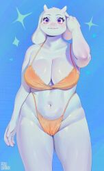 1girls aruurara big_breasts bikini breasts busty curvaceous curvy curvy_body curvy_female curvy_figure female goat goat_ears goat_girl goat_horns hanging_breasts huge_breasts large_breasts milf purple_eyes sagging_breasts saggy_breasts simple_background sparkles thick_thighs thighs toriel undertale undertale_(series) voluptuous white_body white_fur