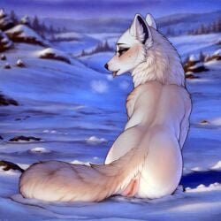 1:1 ai_generated arctic_fox canid canine colored detailed detailed_background female feral feral_only fox fur genitals hi_res incorrect_anatomy lungfish1223 mammal presenting purple_eyes pussy sitting snow solo solo_feral tongue tongue_out white_body white_fur