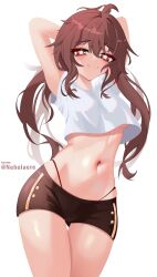 1girls artist_request belly belly_button bike_shorts brown_hair female female_focus female_only genshin_impact hu_tao_(genshin_impact) long_hair looking_at_viewer nebulaere only_female shirt shorts solo solo_female twintails white_shirt