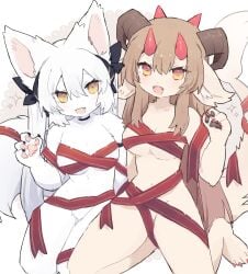 2023 2girls big_breasts breasts brown_hair cat_ears cat_girl cat_tail claws cream_body cream_fur cute_fang eyelashes featureless_crotch feline female female_only furry furry_only horizontal_pupils horns inner_ear_fluff long_hair looking_at_viewer navel open_mouth orange_eyes pawpads paws simple_background sparkles spommmm tail white_body white_fur white_hair yellow_eyes