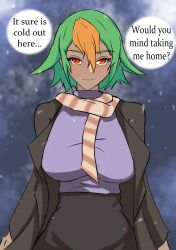 1girls breasts cold dark-skinned_female dark_skin english_text female female_only fire_emblem fire_emblem_heroes green_hair in2naps jacket laegjarn_(fire_emblem) large_breasts looking_at_viewer multicolored_hair nintendo outdoors red_eyes scarf short_hair skirt smile snow solo text winter