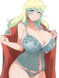 absurdres ahoge alternate_breast_size blonde_hair blue_camisole blue_eyes breast_focus breasts camisole cape cross-shaped_pupils earrings female heart highres huge_breasts jewelry light_smile long_hair looking_at_viewer navel nia_teppelin panties setawar_(coco) smile solo symbol-shaped_pupils tengen_toppa_gurren_lagann underwear white_background