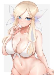 1girls big_ass big_breasts bikini blonde_hair blue_eyes blue_lily_cookie cookie_run cookie_run_ovenbreak simple_background solo tagme taking_clothes_off tied_hair underwear