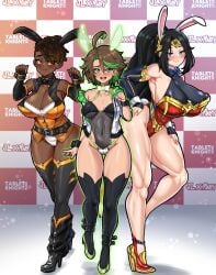 3girls big_breasts black_hair breasts brown_hair bunny_ears bunnysuit cleavage covered_nipples dark-skinned_female dc dc_comics dcuaom diana_prince full_body green_lantern green_lantern_(series) jessica_cruz justice_league justice_league_x_rwby:_super_heroes_and_huntsmen light-skinned_female mari_mccabe multiple_girls pokies rwby scantily_clad smile smiling_at_viewer smirk smirking_at_viewer tabletknight vixen_(dc) wonder_woman wonder_woman_(series)