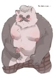 2023 animated anthro arena_of_valor balls bara bear belly blush bottomwear bottomwear_down closed_eyes clothed clothing colaoaoiacquy english_text erection facial_hair genitals giant_panda kemono low_res male_only mammal masturbation moobs moustache navel nipples pants pants_down partially_clothed penis simple_background solo text white_background zuka_(arena_of_valor)