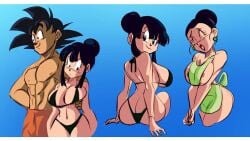 1boy 1girls 2021 abs ass ass_cleavage ass_focus beach big_ass big_breasts big_thighs black_bikini black_bikini_bottom black_bikini_top black_hair black_hair_female blue_background blush blush_lines breast_press butt_crack chichi closed_eyes dragon_ball dragon_ball_super dragon_ball_z female funsexydragonball green_apron green_earrings hairbun hands_clenched human looking_at_hand looking_at_viewer looking_back looking_back_at_viewer male male/female milf muscle_tone muscles muscular muscular_male nipple_slip saiyan sitting sitting_down smiling smiling_at_another son_goku spiky_hair thick thick_ass thick_body thick_breasts thick_butt thick_hips thick_thighs thighs