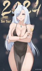 1girls blue_eyes breasts cleavage dress female genshin_impact hair_over_one_eye hioyami huge_breasts light-skinned_female light_skin long_hair naughty_face shenhe_(genshin_impact) solo_female thick_thighs white_hair wide_hips