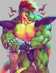 absurd_res alligator alligatorid anthro bass_guitar big_bulge big_muscles big_pecs bracelet bulge claws clothed clothing crocodilian detailed_bulge eyewear eyewear_on_head five_nights_at_freddy's five_nights_at_freddy's:_security_breach front_view genital_outline green_body green_scales guitar hair hi_res jewelry male mixterart mohawk montgomery_gator_(fnaf) muscular muscular_anthro muscular_male musical_instrument pecs penis_outline plucked_string_instrument red_eyes red_hair reptile scales scalie scottgames sharp_teeth shoulder_pads skimpy solo spiked_bracelet spikes standing star_sunglasses steel_wool_studios string_instrument sunglasses sunglasses_on_head teeth underwear