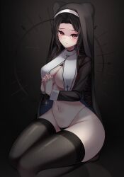 1girls animal_ears bear_ears bear_girl black_hair black_thighhighs blush breast_curtains female female_only hiroside indie_virtual_youtuber light-skinned_female light_skin lucky_akuma nun praying red_eyes solo twin_drills virtual_youtuber