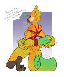 2022 anthro arms_tied avian biped bondage bound breasts dialogue english_text female furry hands_behind_back hi_res milodesty nipples red_rope restraints rope rope_bondage solo speech_bubble submissive submissive_anthro submissive_female text