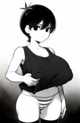 1girls ai_generated big_breasts black_eyes black_hair bottomless breast_grab breasts cameltoe collarbone covered_nipples creamballz curvaceous curvy expressionless female femomori genderswap_(mtf) gradient_background huge_breasts huge_nipples large_breasts looking_at_viewer monochrome navel nipples_visible_through_clothing omori omori_(character) pale panties rule_63 serious short_hair shortstack solo striped_panties tank_top thick_thighs thighhighs thighs tomboy white_skin