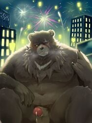 2024 anthro balls bear belly ben_(zenless_zone_zero) ben_bigger big_belly blush bodily_fluids colaoaoiacquy detailed_background fireworks genital_fluids genitals hi_res humanoid_hands kemono male male_only mammal mihoyo moobs navel night outside overweight overweight_male penis precum scar solo zenless_zone_zero