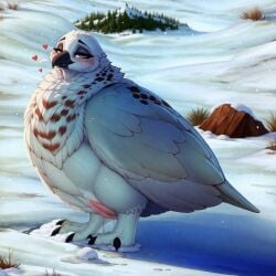 1:1 ai_generated avian beak bird black_beak brown_eyes colored detailed detailed_background feathers female feral feral_only galliform genitals grouse hi_res lungfish1223 phasianid ptarmigan pussy snow solo solo_feral white_body white_feathers